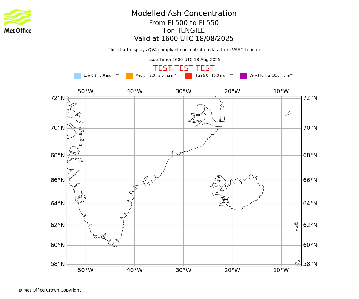 Modelled ash concentration from 500 to 550 for HENGILL. Valid at 1600 UTC 18/08/2025