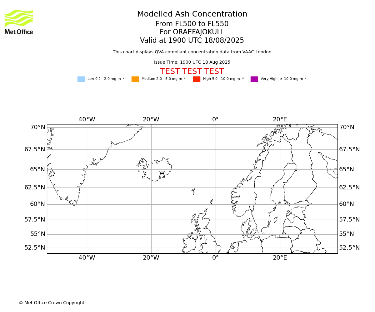 Modelled ash concentration from 500 to 550 for ORAEFAJOKULL. Valid at 1900 UTC 18/08/2025