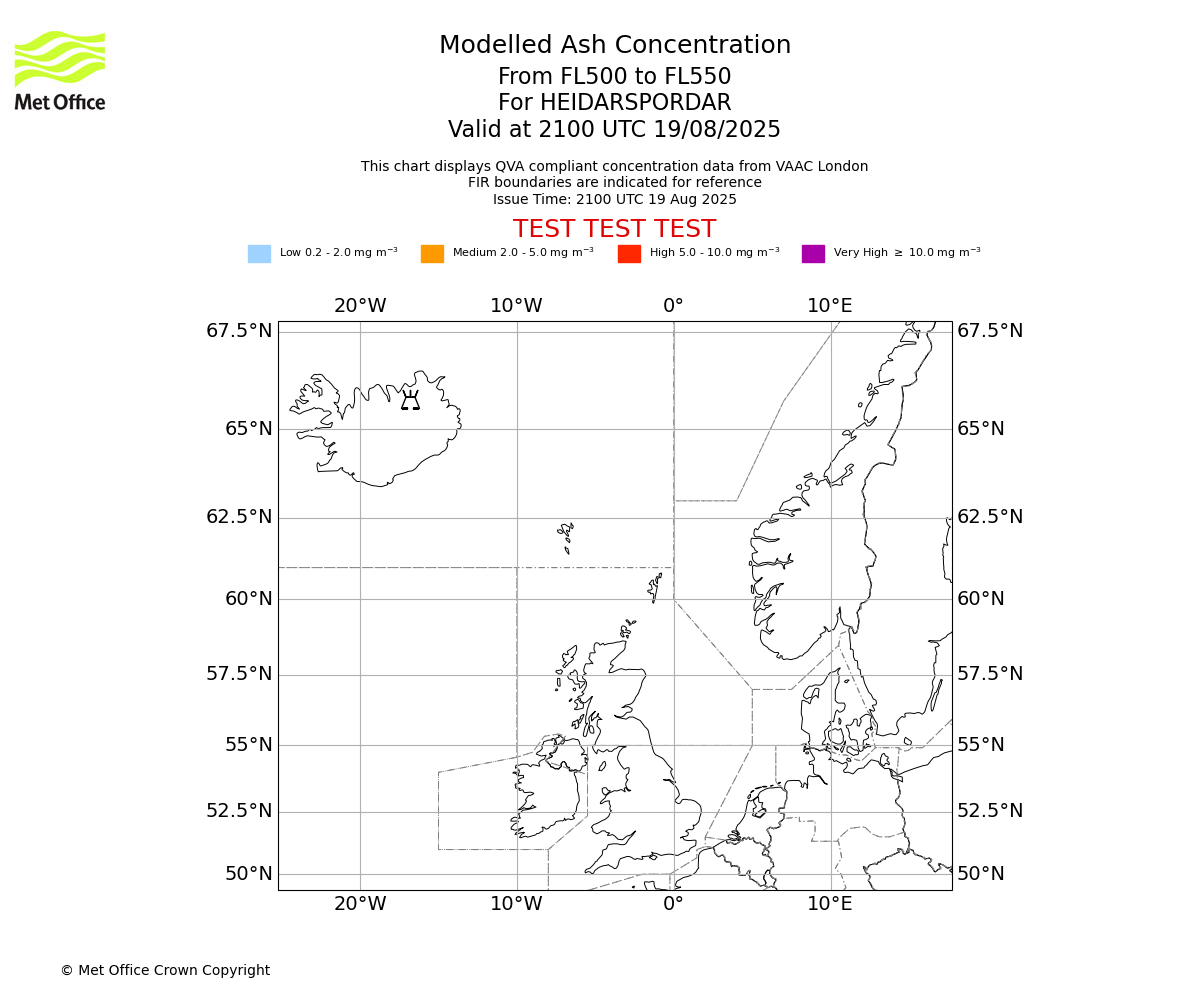 Modelled ash concentration from 500 to 550 for HEIDARSPORDAR. Valid at 2100 UTC 19/08/2025