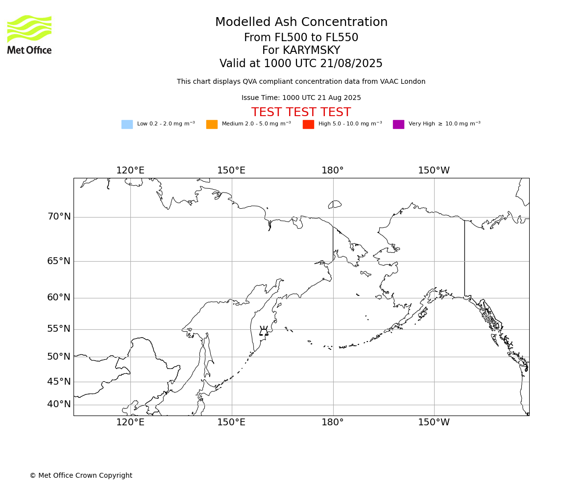 Modelled ash concentration from 500 to 550 for KARYMSKY. Valid at 1000 UTC 21/08/2025