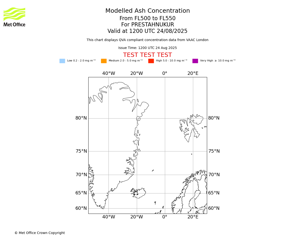 Modelled ash concentration from 500 to 550 for PRESTAHNUKUR. Valid at 1200 UTC 24/08/2025