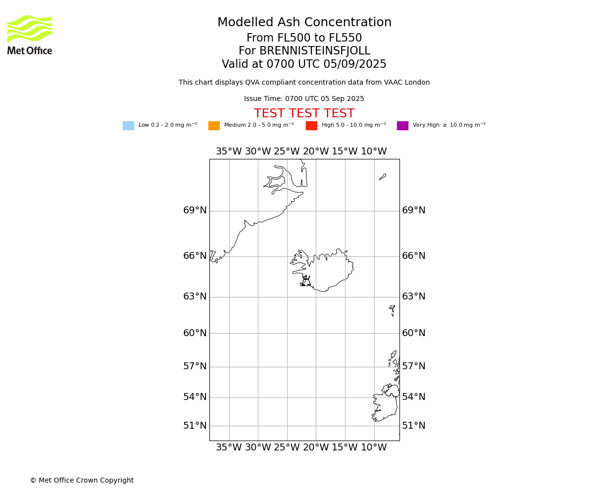 Modelled ash concentration from 500 to 550 for BRENNISTEINSFJOLL. Valid at 0700 UTC 05/09/2025