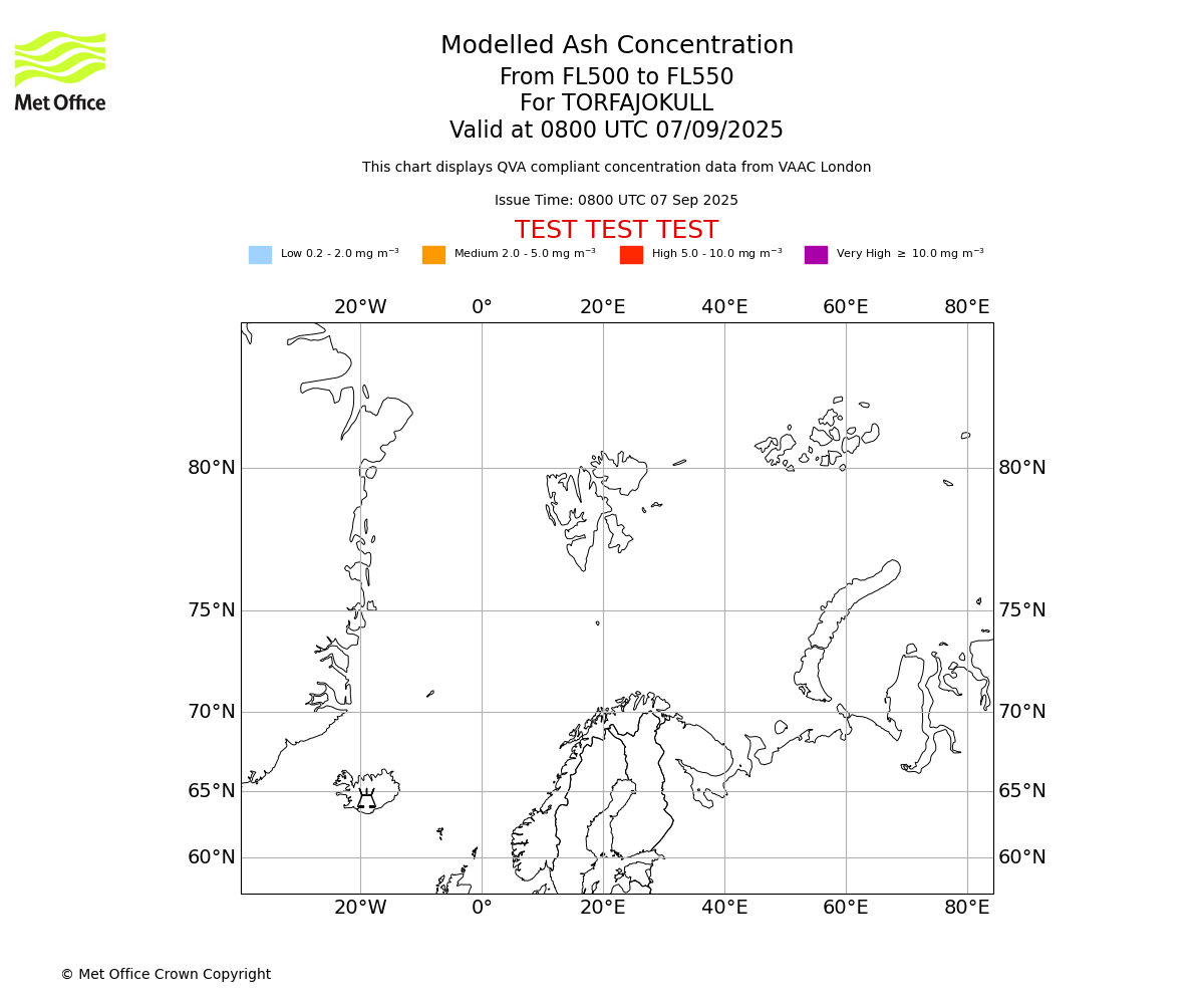Modelled ash concentration from 500 to 550 for TORFAJOKULL. Valid at 0800 UTC 07/09/2025