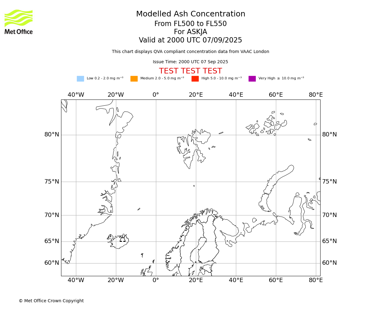 Modelled ash concentration from 500 to 550 for ASKJA. Valid at 2000 UTC 07/09/2025