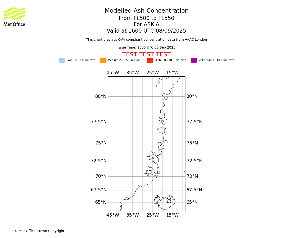 Modelled ash concentration from 500 to 550 for ASKJA. Valid at 1600 UTC 08/09/2025