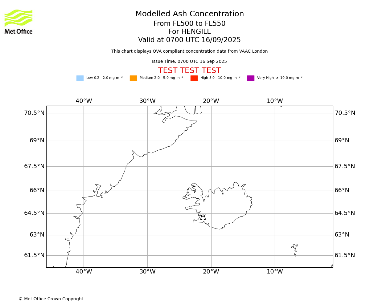 Modelled ash concentration from 500 to 550 for HENGILL. Valid at 0700 UTC 16/09/2025