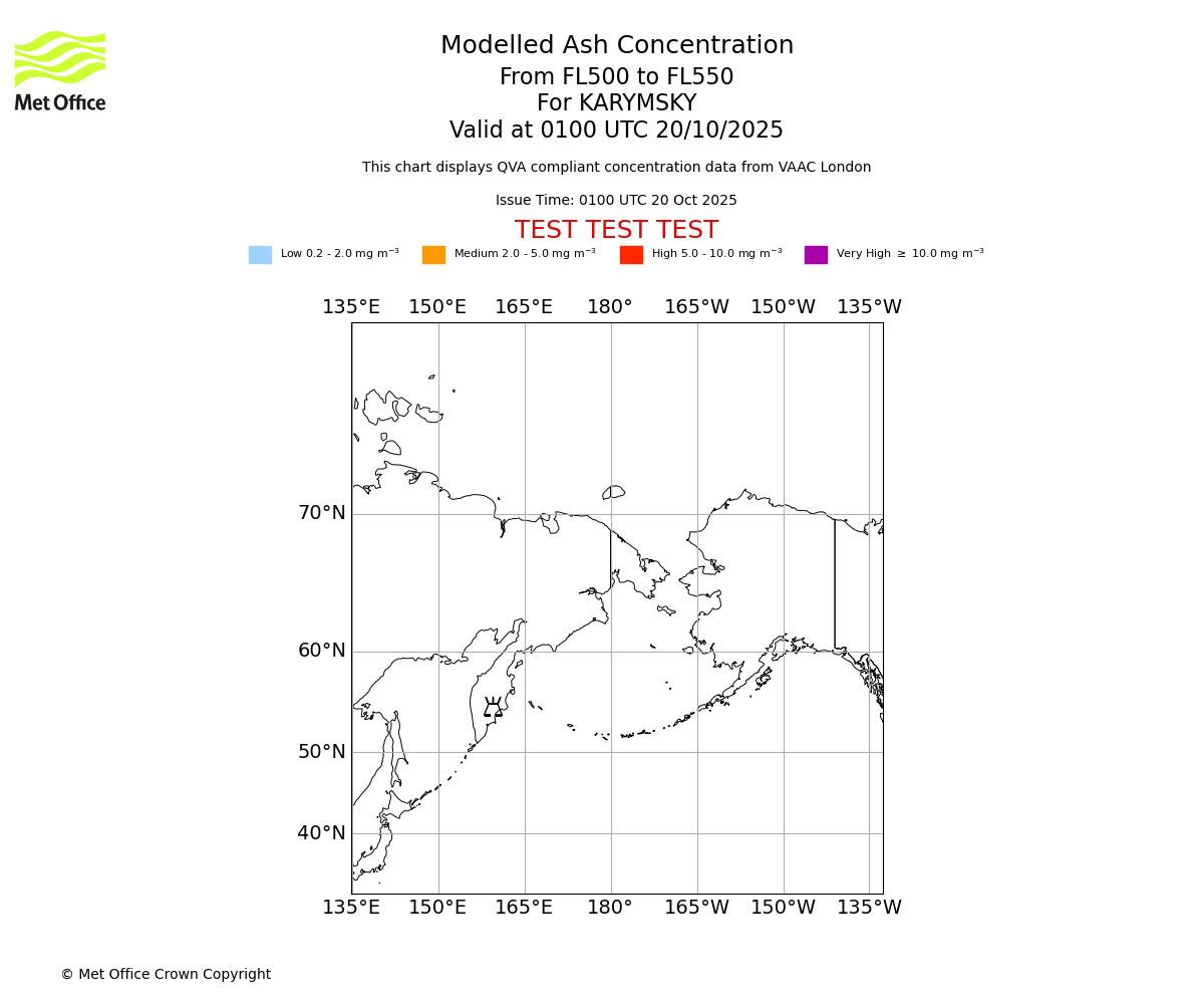 Modelled ash concentration from 500 to 550 for KARYMSKY. Valid at 0100 UTC 20/10/2025