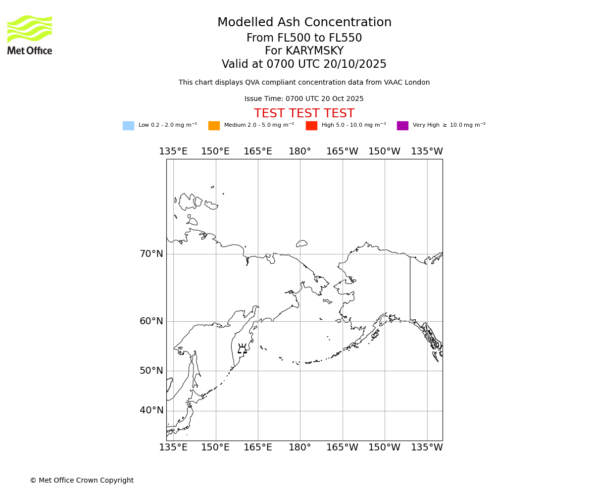 Modelled ash concentration from 500 to 550 for KARYMSKY. Valid at 0700 UTC 20/10/2025