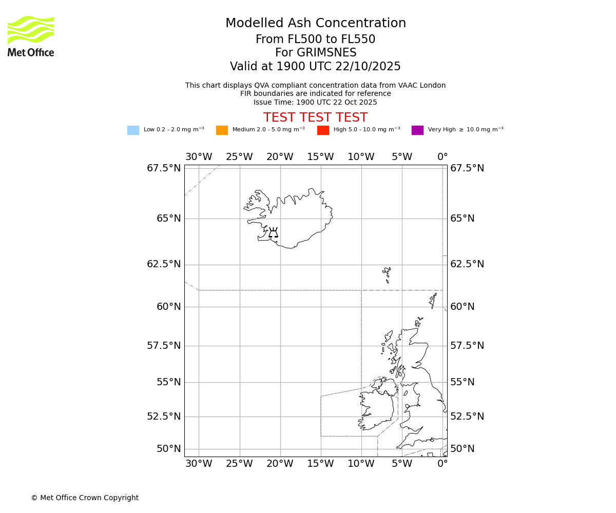 Modelled ash concentration from 500 to 550 for GRIMSNES. Valid at 1900 UTC 22/10/2025