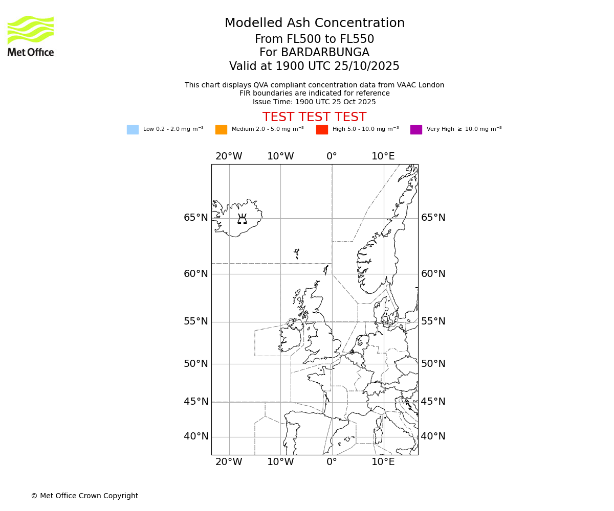 Modelled ash concentration from 500 to 550 for BARDARBUNGA. Valid at 1900 UTC 25/10/2025