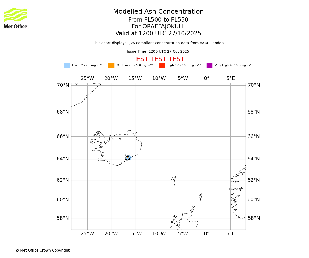Modelled ash concentration from 500 to 550 for ORAEFAJOKULL. Valid at 1200 UTC 27/10/2025