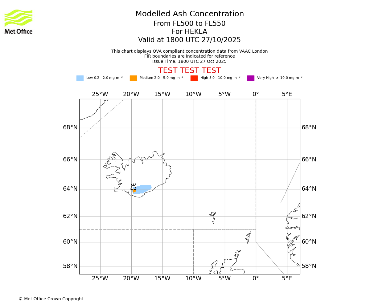 Modelled ash concentration from 500 to 550 for HEKLA. Valid at 1800 UTC 27/10/2025