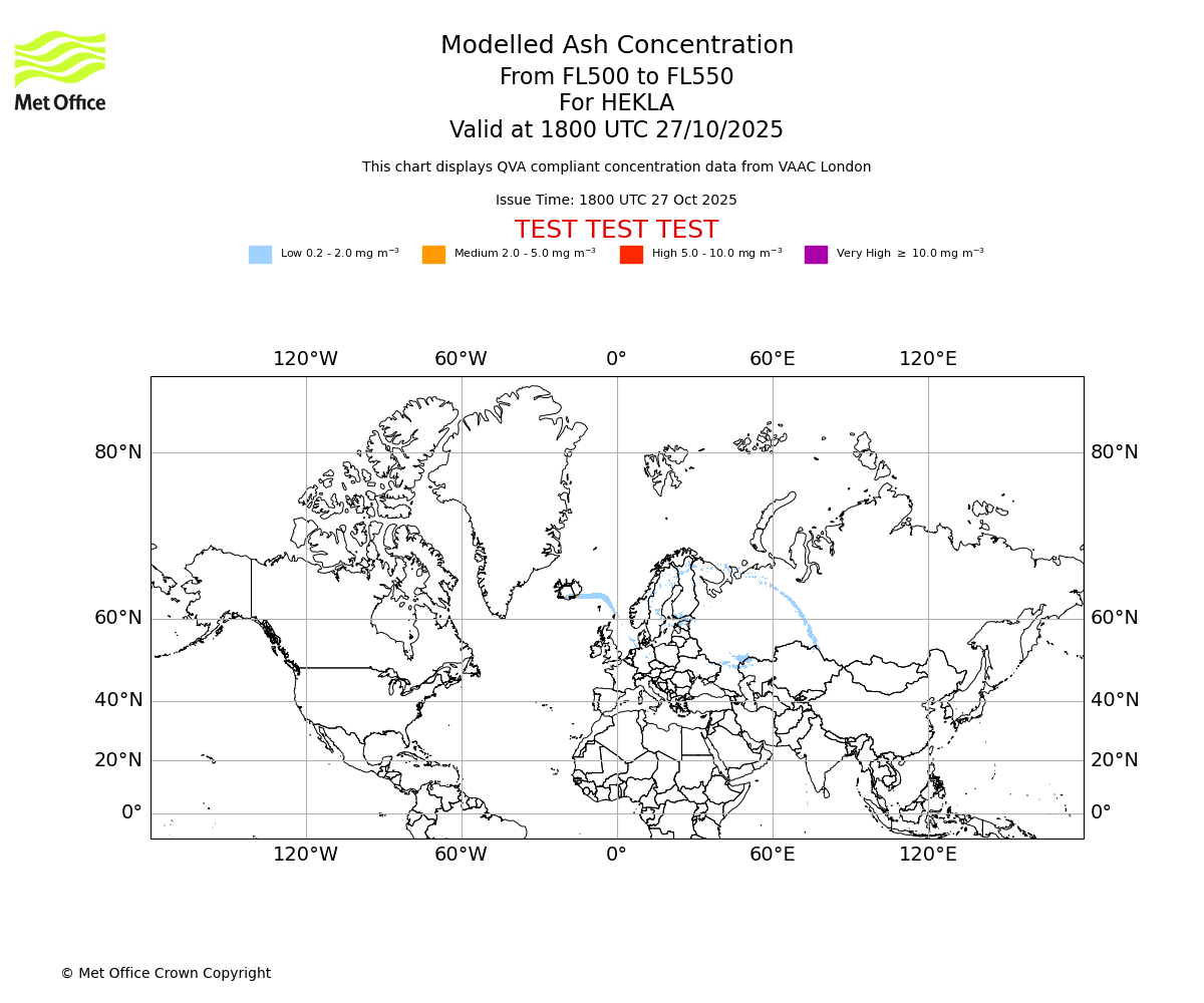 Modelled ash concentration from 500 to 550 for HEKLA. Valid at 1800 UTC 27/10/2025