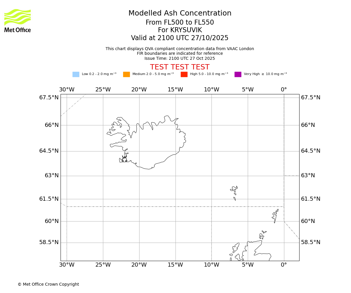 Modelled ash concentration from 500 to 550 for KRYSUVIK. Valid at 2100 UTC 27/10/2025