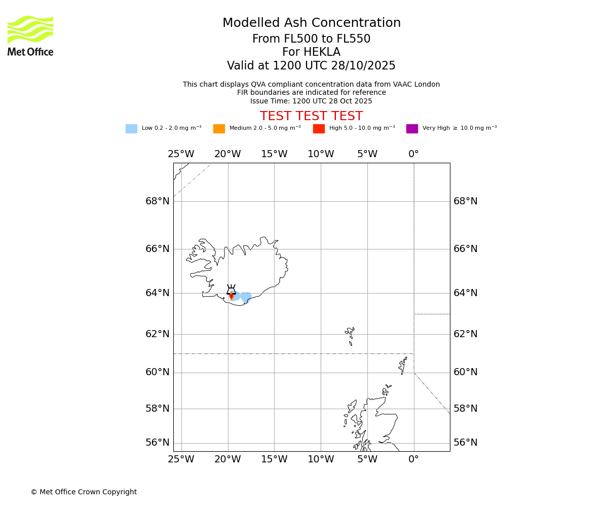 Modelled ash concentration from 500 to 550 for HEKLA. Valid at 1200 UTC 28/10/2025