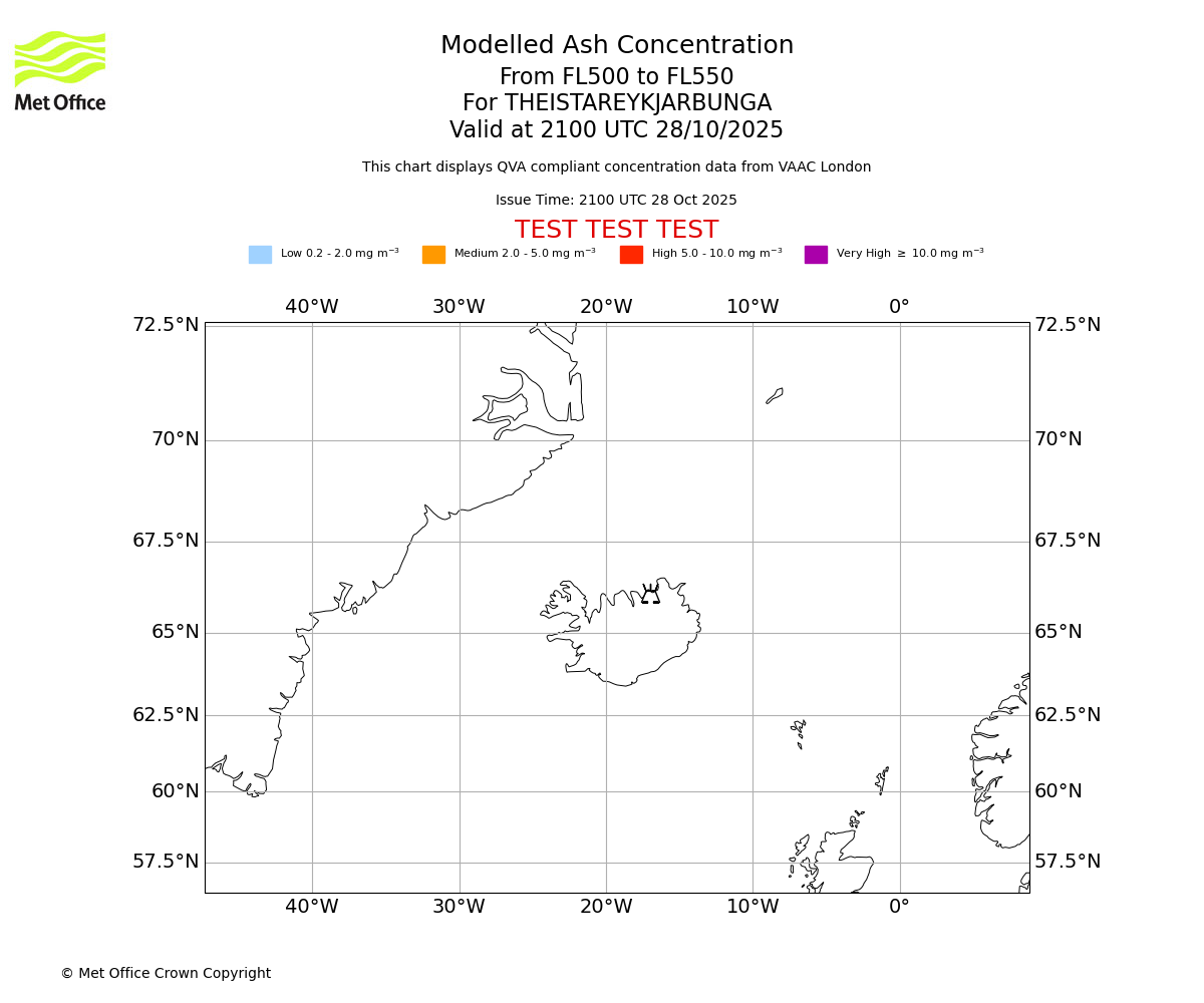 Modelled ash concentration from 500 to 550 for THEISTAREYKJARBUNGA. Valid at 2100 UTC 28/10/2025