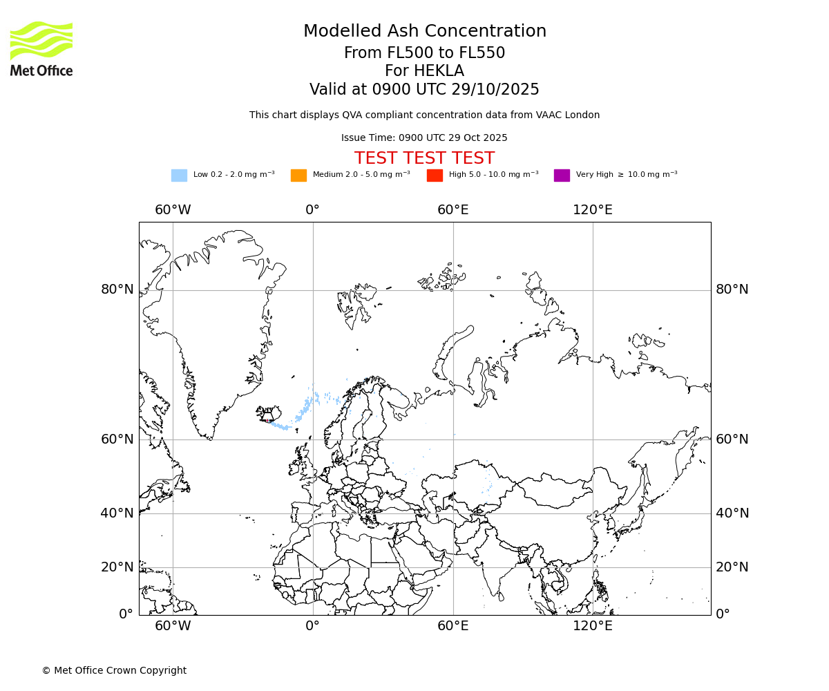 Modelled ash concentration from 500 to 550 for HEKLA. Valid at 0900 UTC 29/10/2025