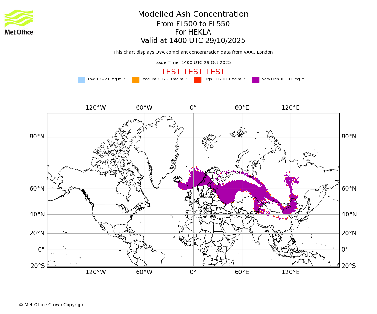 Modelled ash concentration from 500 to 550 for HEKLA. Valid at 1400 UTC 29/10/2025