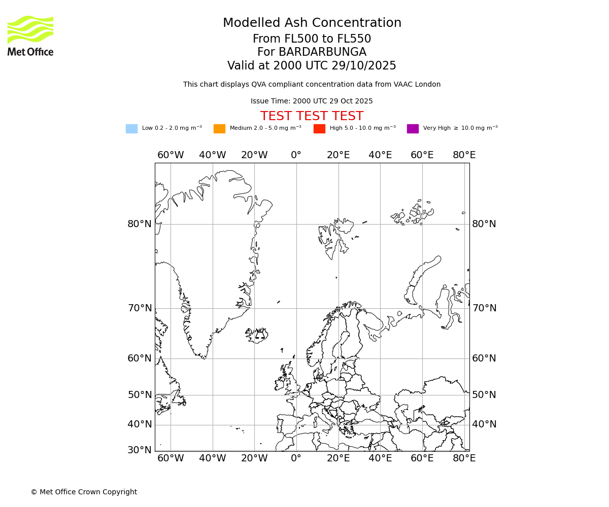 Modelled ash concentration from 500 to 550 for BARDARBUNGA. Valid at 2000 UTC 29/10/2025