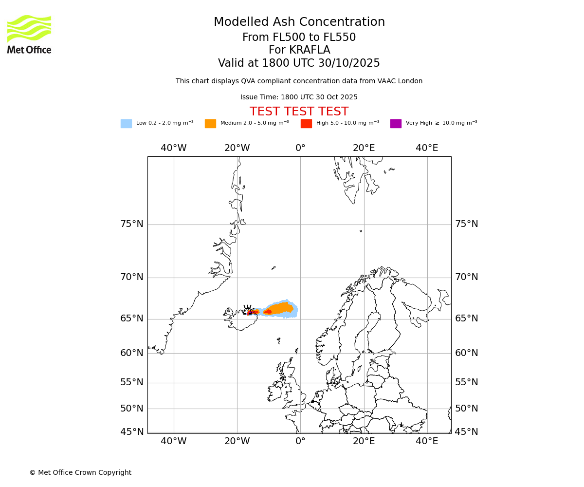 Modelled ash concentration from 500 to 550 for KRAFLA. Valid at 1800 UTC 30/10/2025