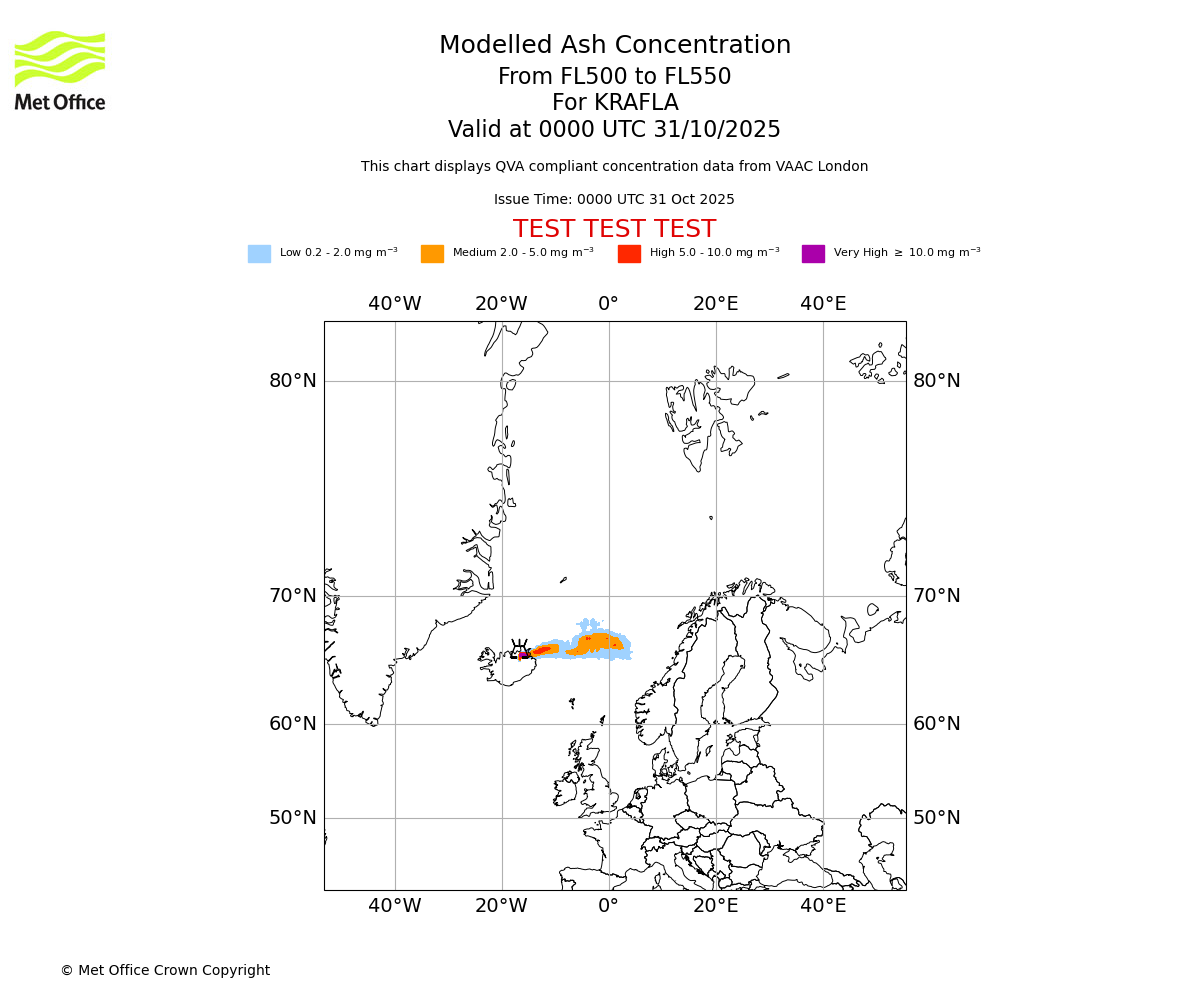 Modelled ash concentration from 500 to 550 for KRAFLA. Valid at 0000 UTC 31/10/2025