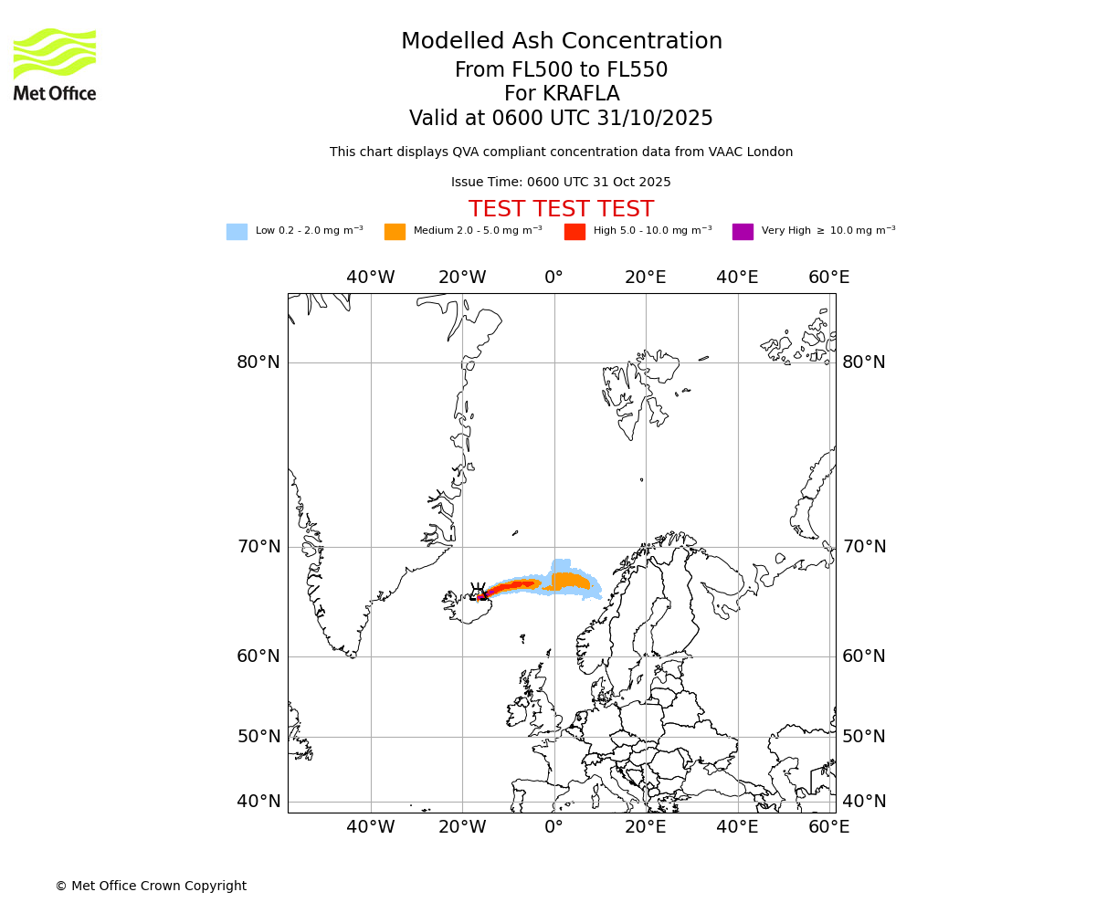 Modelled ash concentration from 500 to 550 for KRAFLA. Valid at 0600 UTC 31/10/2025