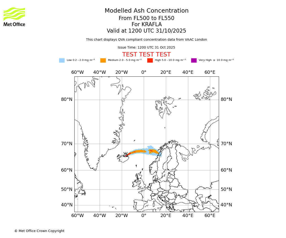 Modelled ash concentration from 500 to 550 for KRAFLA. Valid at 1200 UTC 31/10/2025