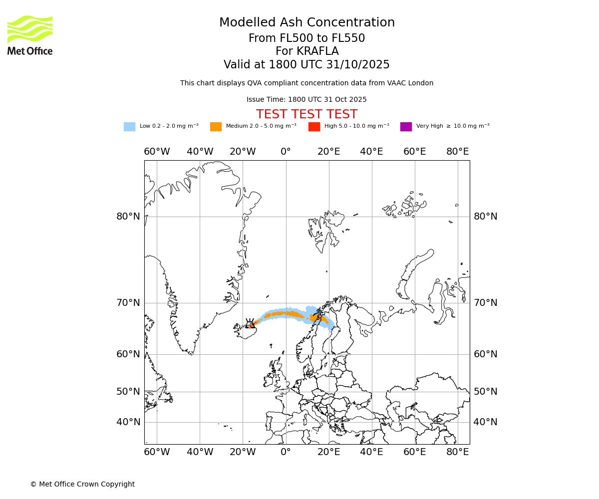Modelled ash concentration from 500 to 550 for KRAFLA. Valid at 1800 UTC 31/10/2025