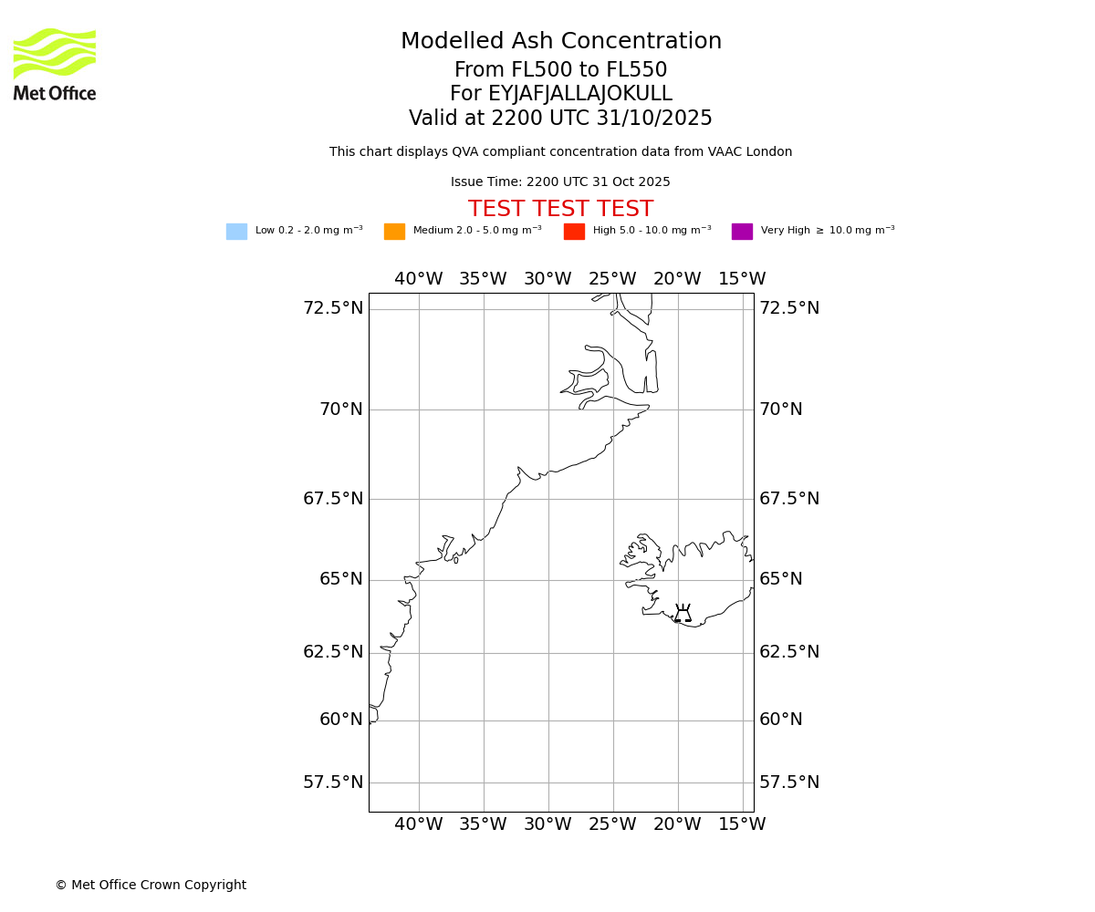 Modelled ash concentration from 500 to 550 for EYJAFJALLAJOKULL. Valid at 2200 UTC 31/10/2025