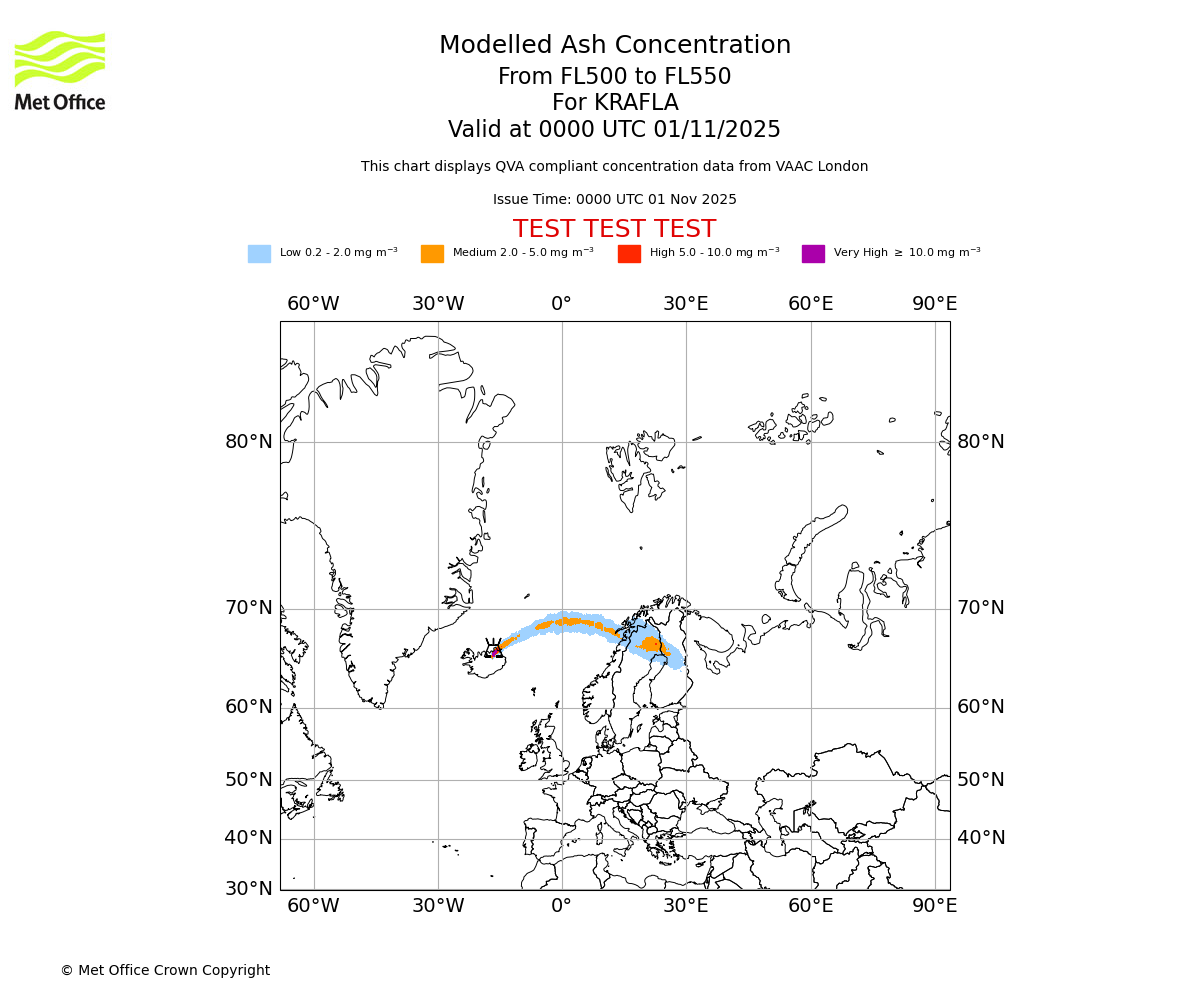 Modelled ash concentration from 500 to 550 for KRAFLA. Valid at 0000 UTC 01/11/2025