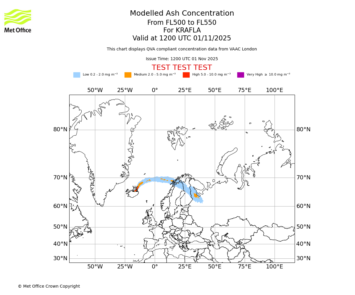 Modelled ash concentration from 500 to 550 for KRAFLA. Valid at 1200 UTC 01/11/2025