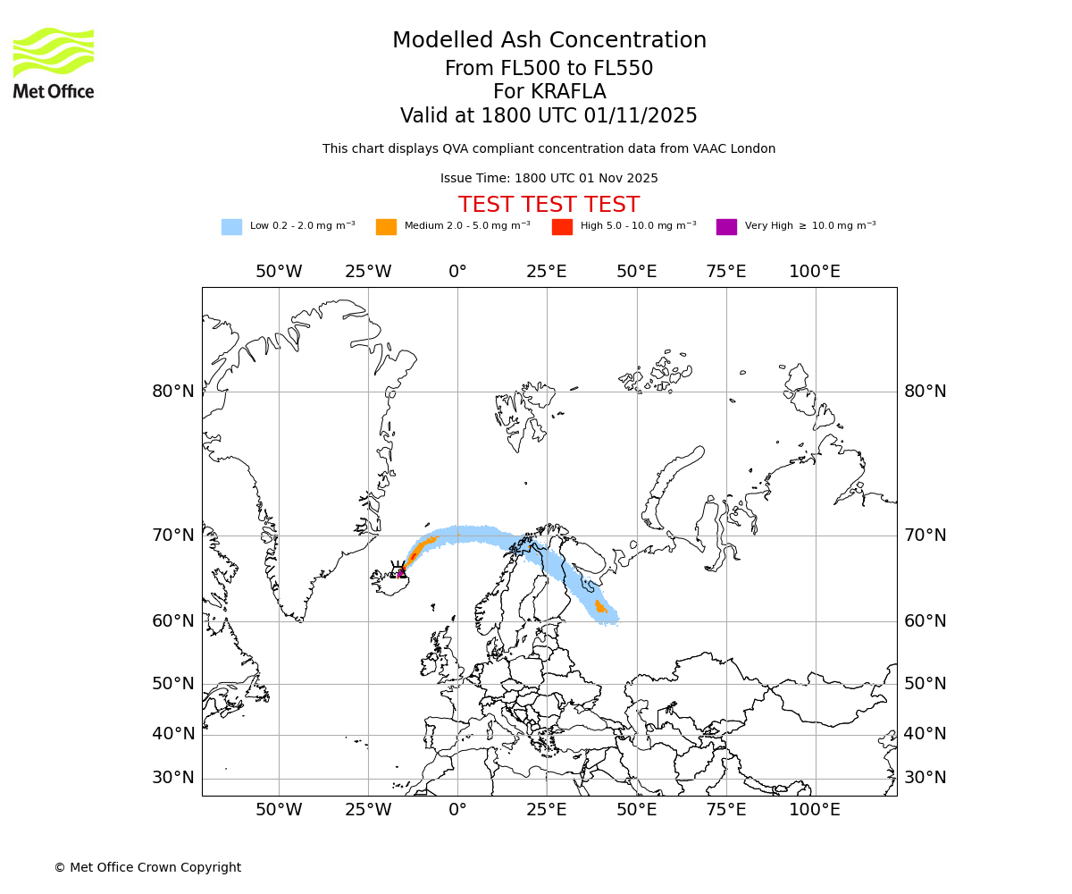 Modelled ash concentration from 500 to 550 for KRAFLA. Valid at 1800 UTC 01/11/2025