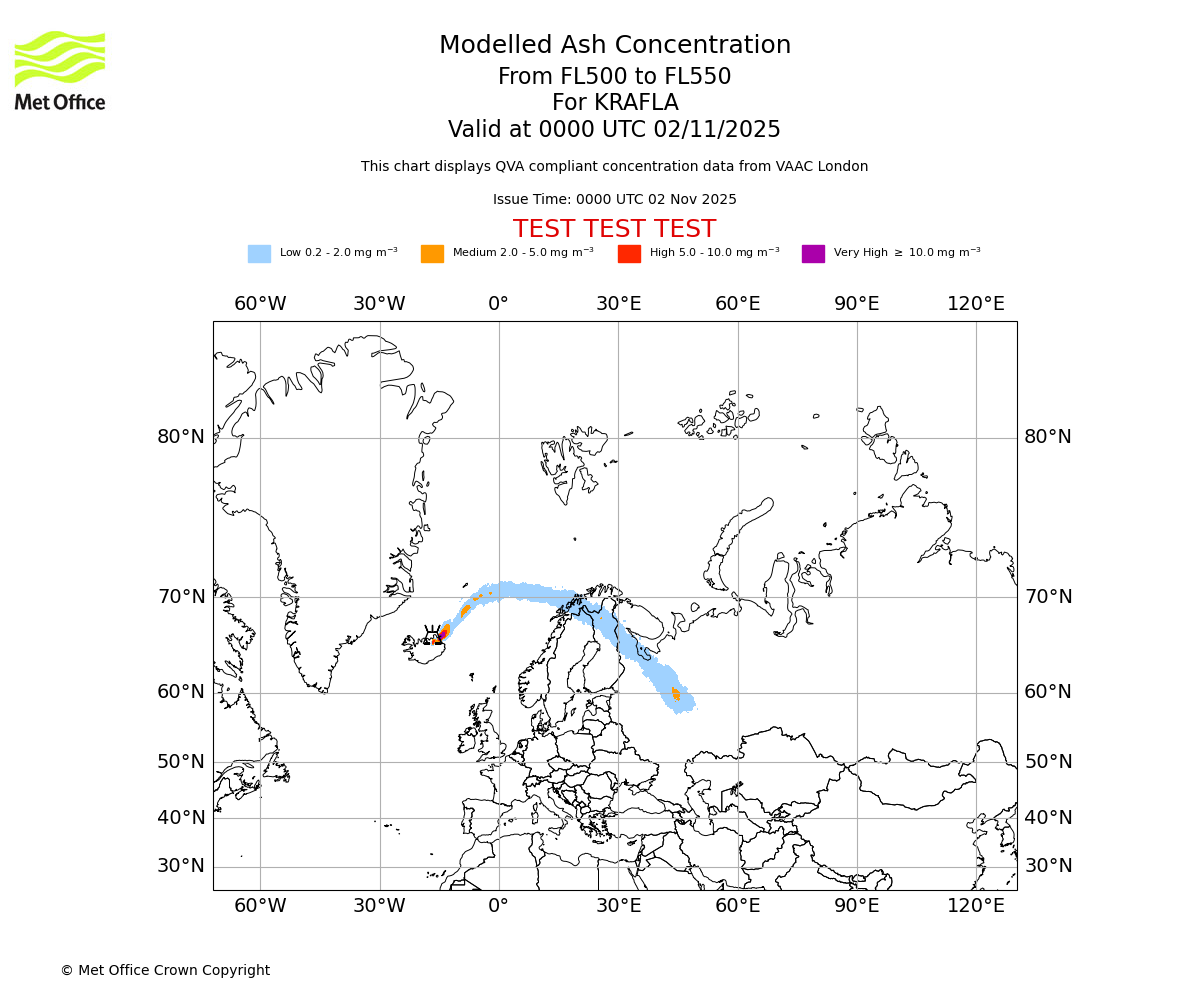 Modelled ash concentration from 500 to 550 for KRAFLA. Valid at 0000 UTC 02/11/2025