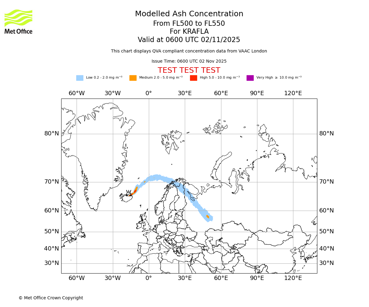 Modelled ash concentration from 500 to 550 for KRAFLA. Valid at 0600 UTC 02/11/2025