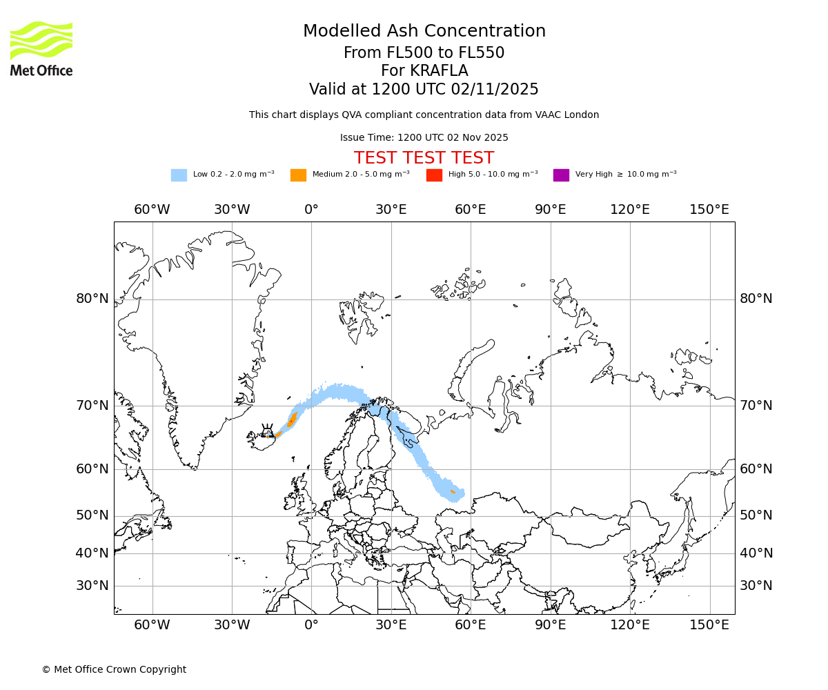 Modelled ash concentration from 500 to 550 for KRAFLA. Valid at 1200 UTC 02/11/2025