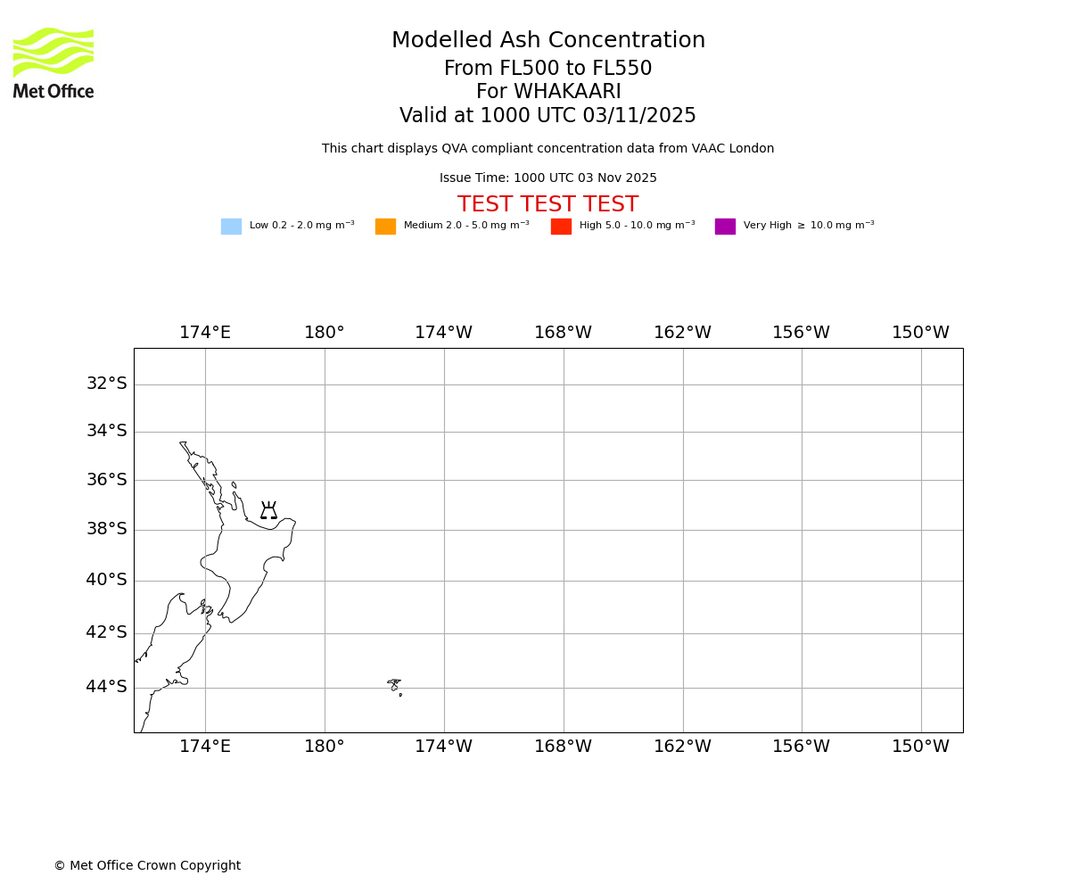 Modelled ash concentration from 500 to 550 for WHAKAARI. Valid at 1000 UTC 03/11/2025
