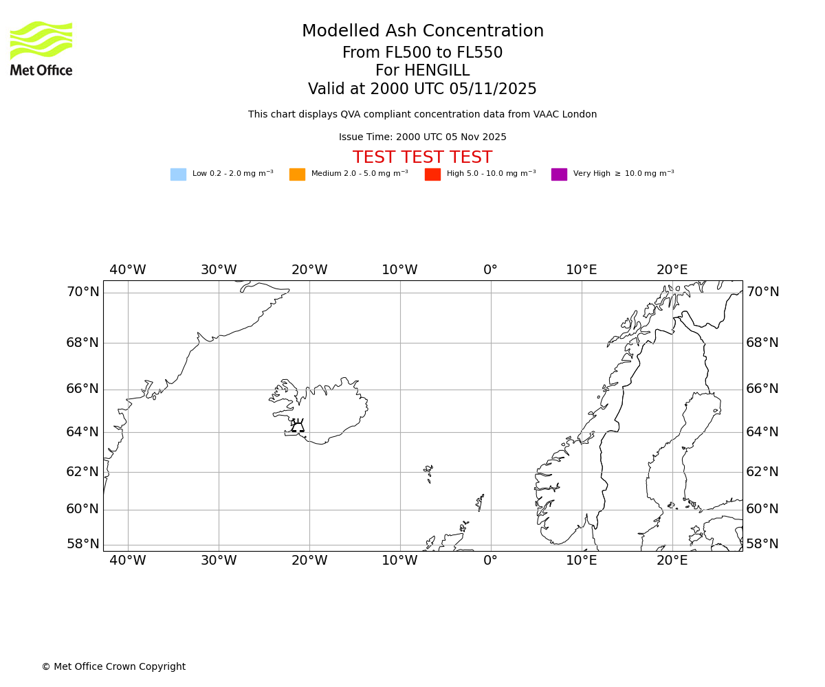 Modelled ash concentration from 500 to 550 for HENGILL. Valid at 2000 UTC 05/11/2025