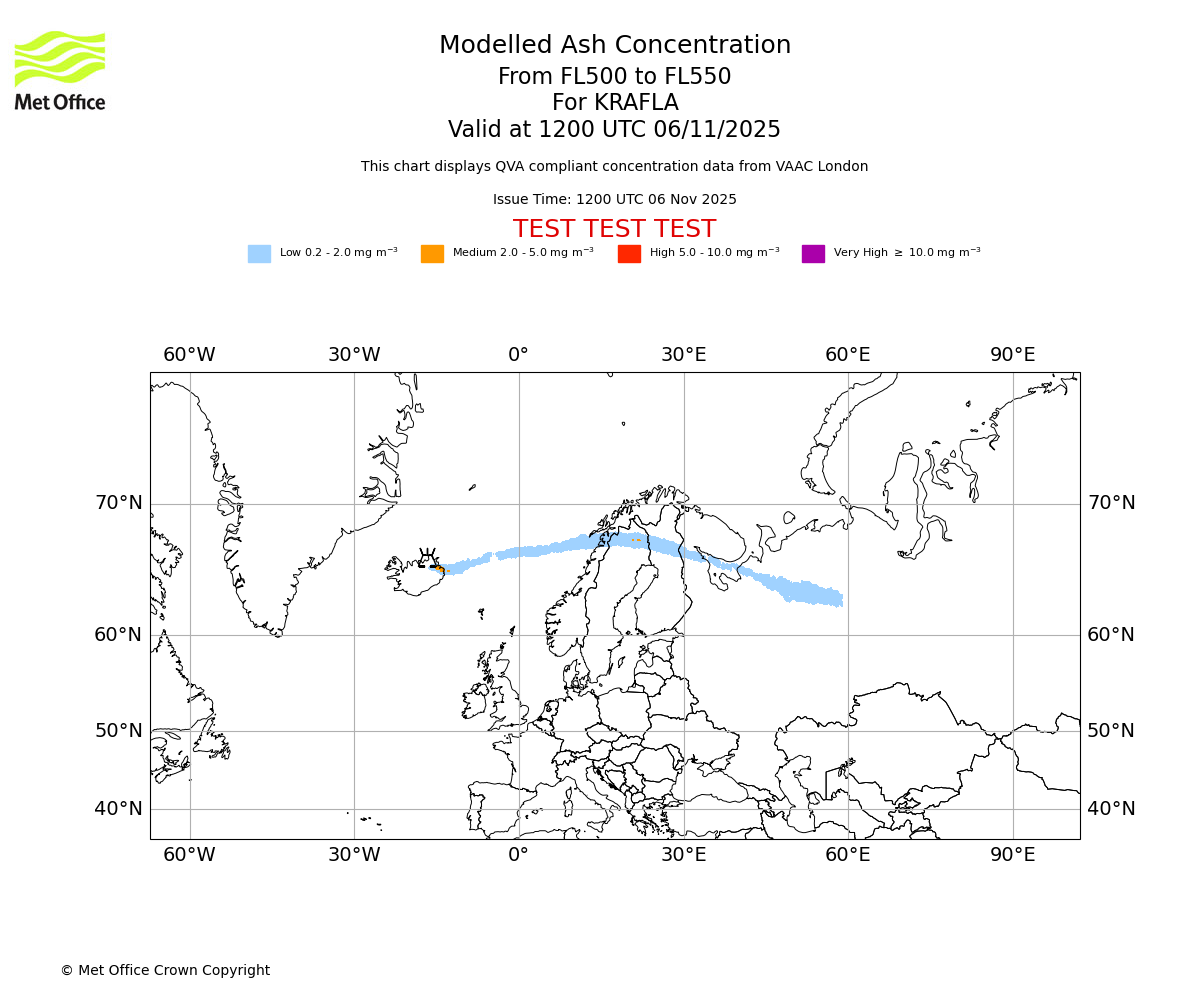 Modelled ash concentration from 500 to 550 for KRAFLA. Valid at 1200 UTC 06/11/2025