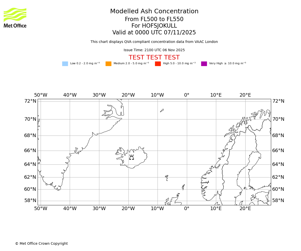Modelled ash concentration from 500 to 550 for HOFSJOKULL. Valid at 0000 UTC 07/11/2025