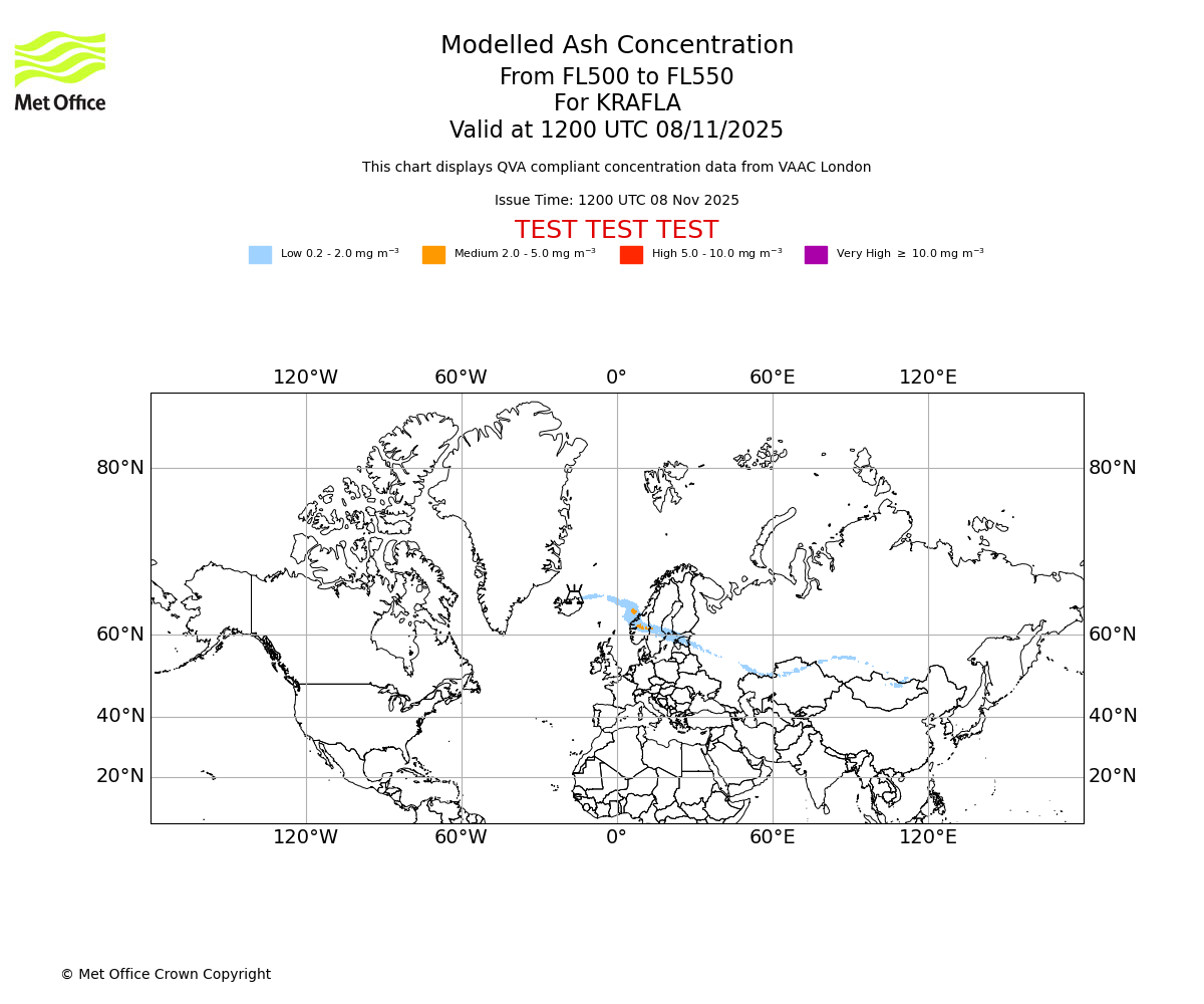 Modelled ash concentration from 500 to 550 for KRAFLA. Valid at 1200 UTC 08/11/2025