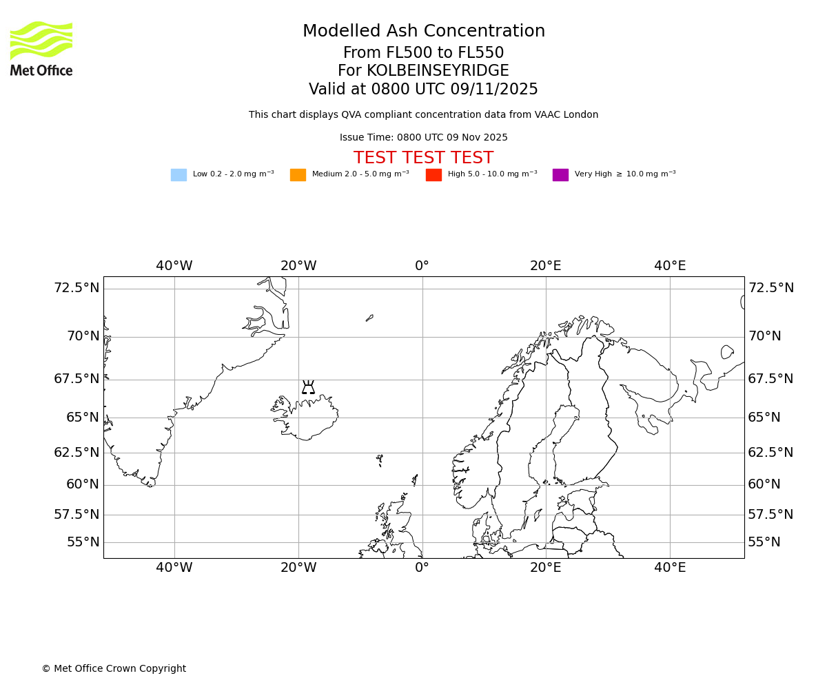 Modelled ash concentration from 500 to 550 for KOLBEINSEYRIDGE. Valid at 0800 UTC 09/11/2025