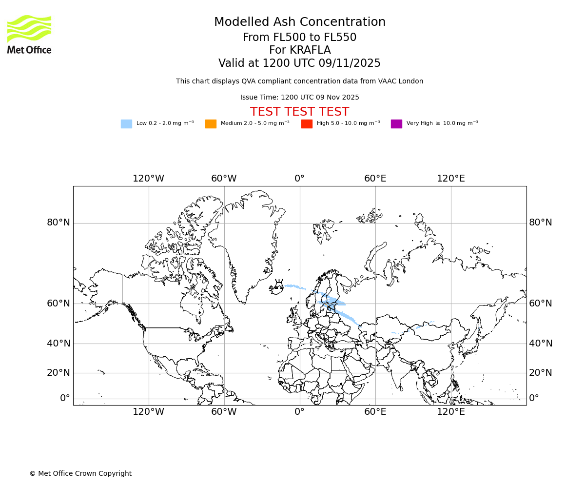 Modelled ash concentration from 500 to 550 for KRAFLA. Valid at 1200 UTC 09/11/2025