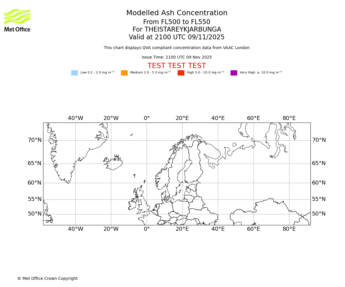 Modelled ash concentration from 500 to 550 for THEISTAREYKJARBUNGA. Valid at 2100 UTC 09/11/2025