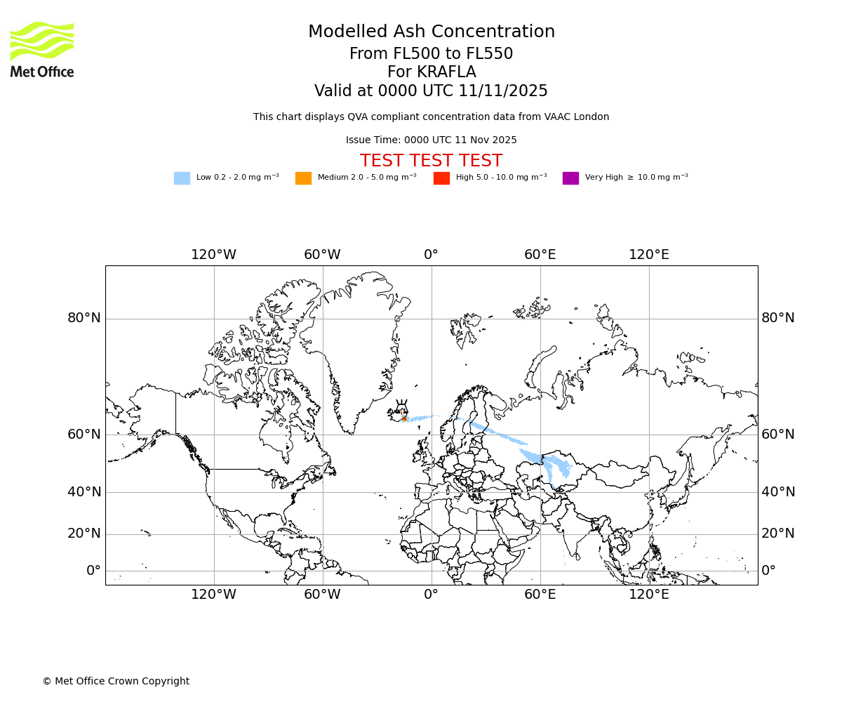 Modelled ash concentration from 500 to 550 for KRAFLA. Valid at 0000 UTC 11/11/2025
