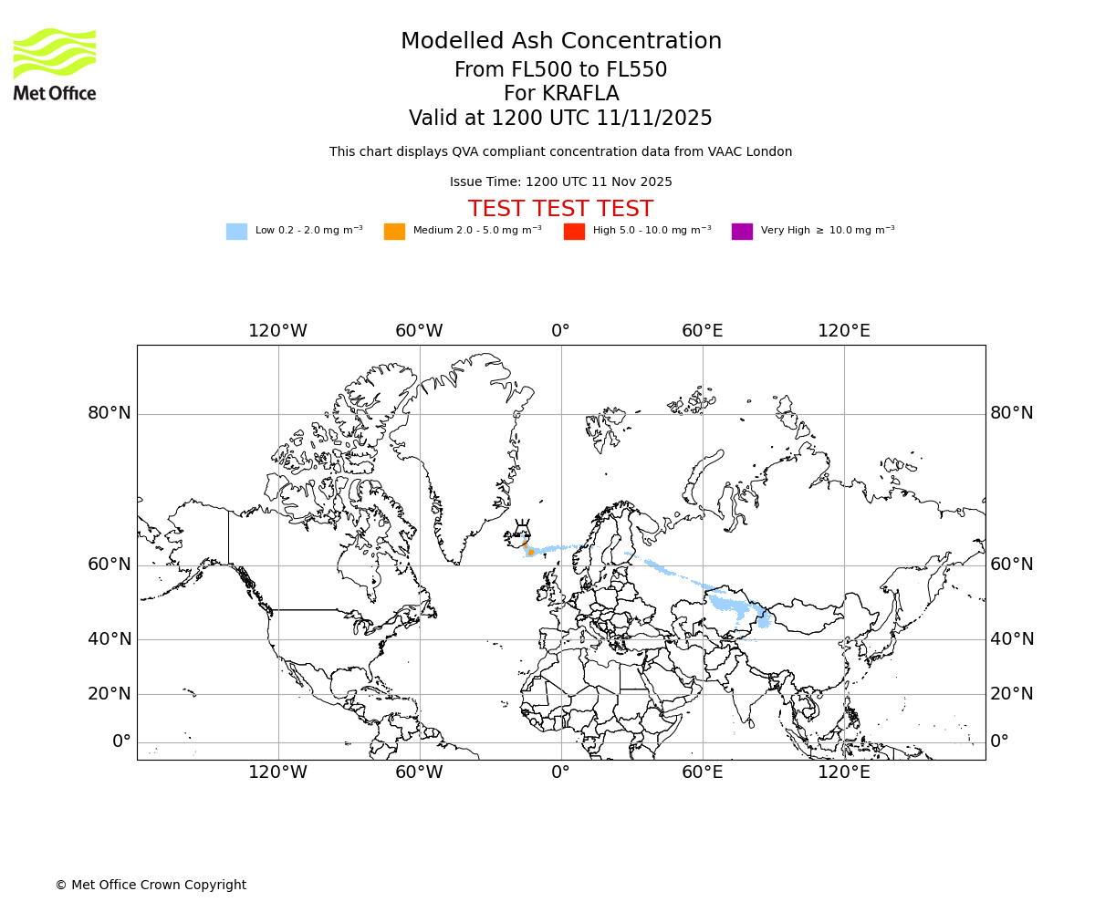 Modelled ash concentration from 500 to 550 for KRAFLA. Valid at 1200 UTC 11/11/2025