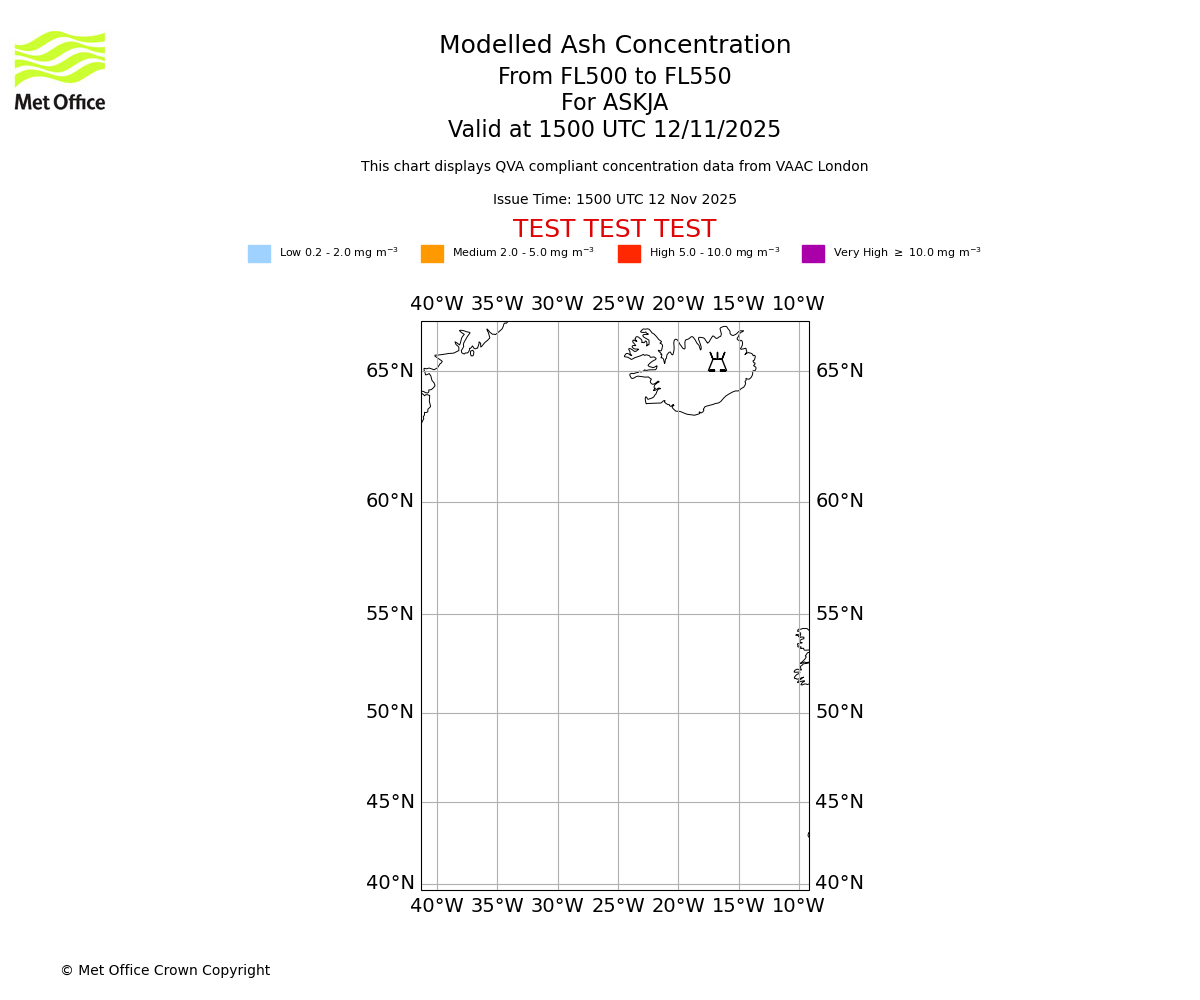 Modelled ash concentration from 500 to 550 for ASKJA. Valid at 1500 UTC 12/11/2025