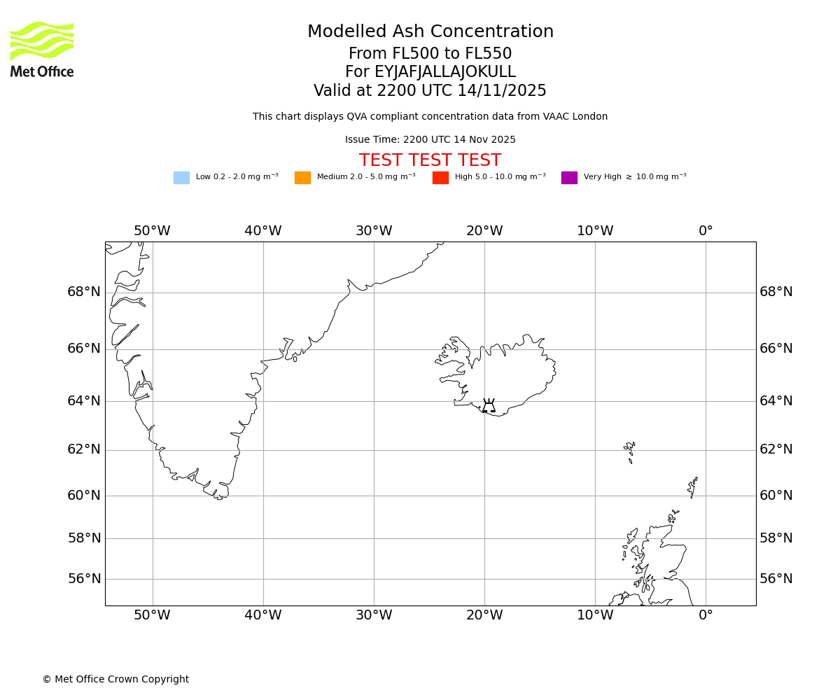 Modelled ash concentration from 500 to 550 for EYJAFJALLAJOKULL. Valid at 2200 UTC 14/11/2025