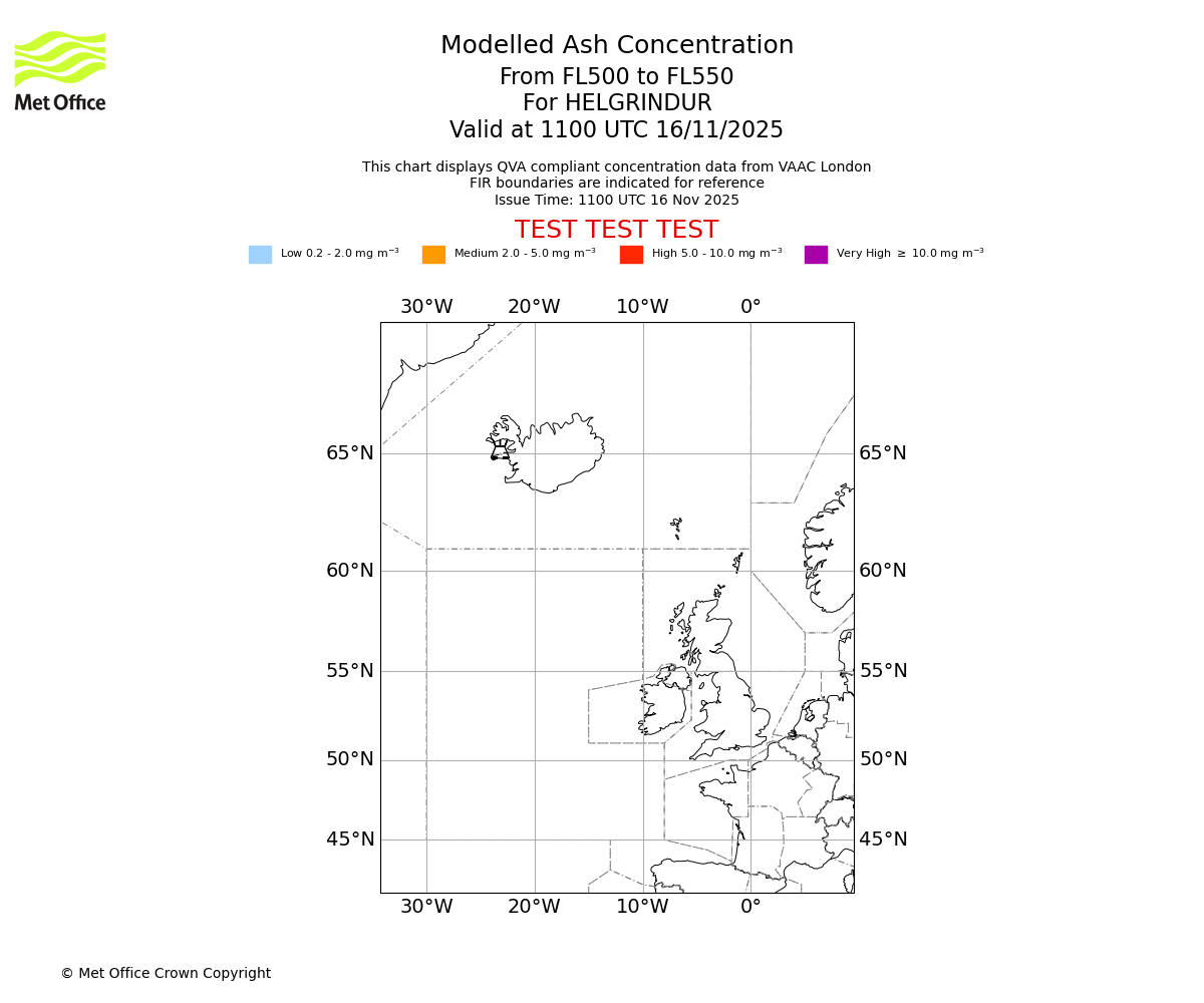 Modelled ash concentration from 500 to 550 for HELGRINDUR. Valid at 1100 UTC 16/11/2025