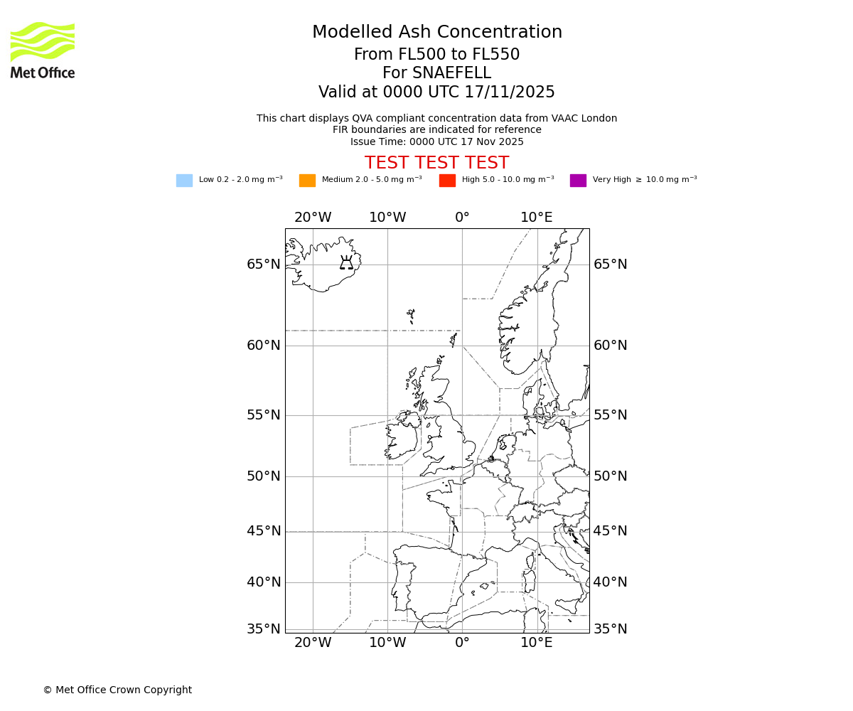 Modelled ash concentration from 500 to 550 for SNAEFELL. Valid at 0000 UTC 17/11/2025
