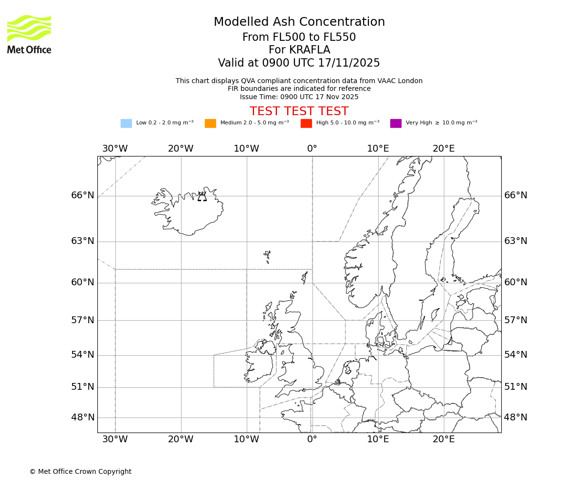 Modelled ash concentration from 500 to 550 for KRAFLA. Valid at 0900 UTC 17/11/2025